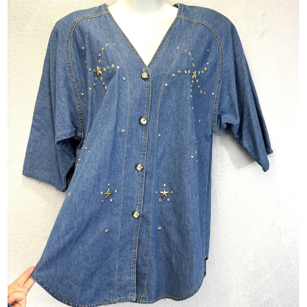 Vintage Bingo! Bingo! Button Up Denim Shirt Womens 6 Star Celestial Western 80s - Picture 3 of 12